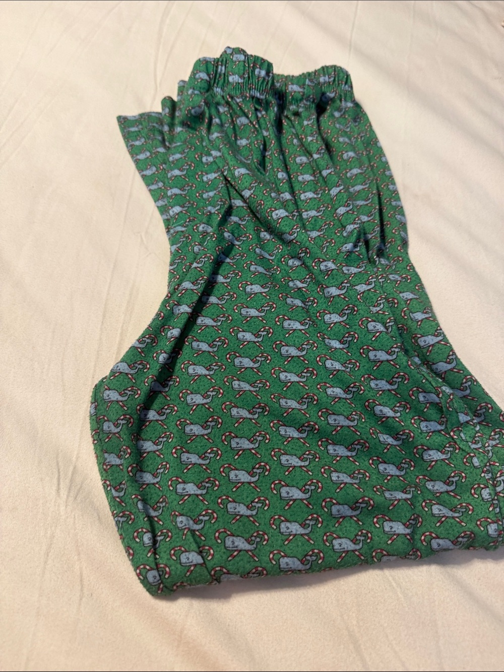 Vineyard Vines Green Pajama Pants with Blue Whale & Candy Cane Print